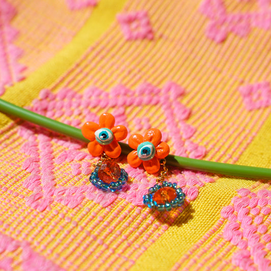 Funky Flower Earrings (Orange and Blue)